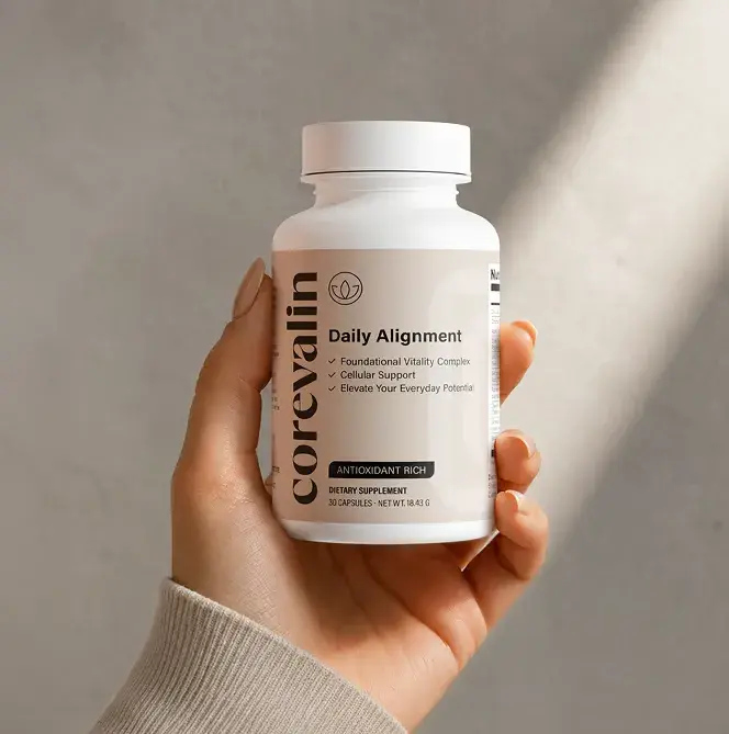 Woman holding a bottle of Corevalin Daily Alignment